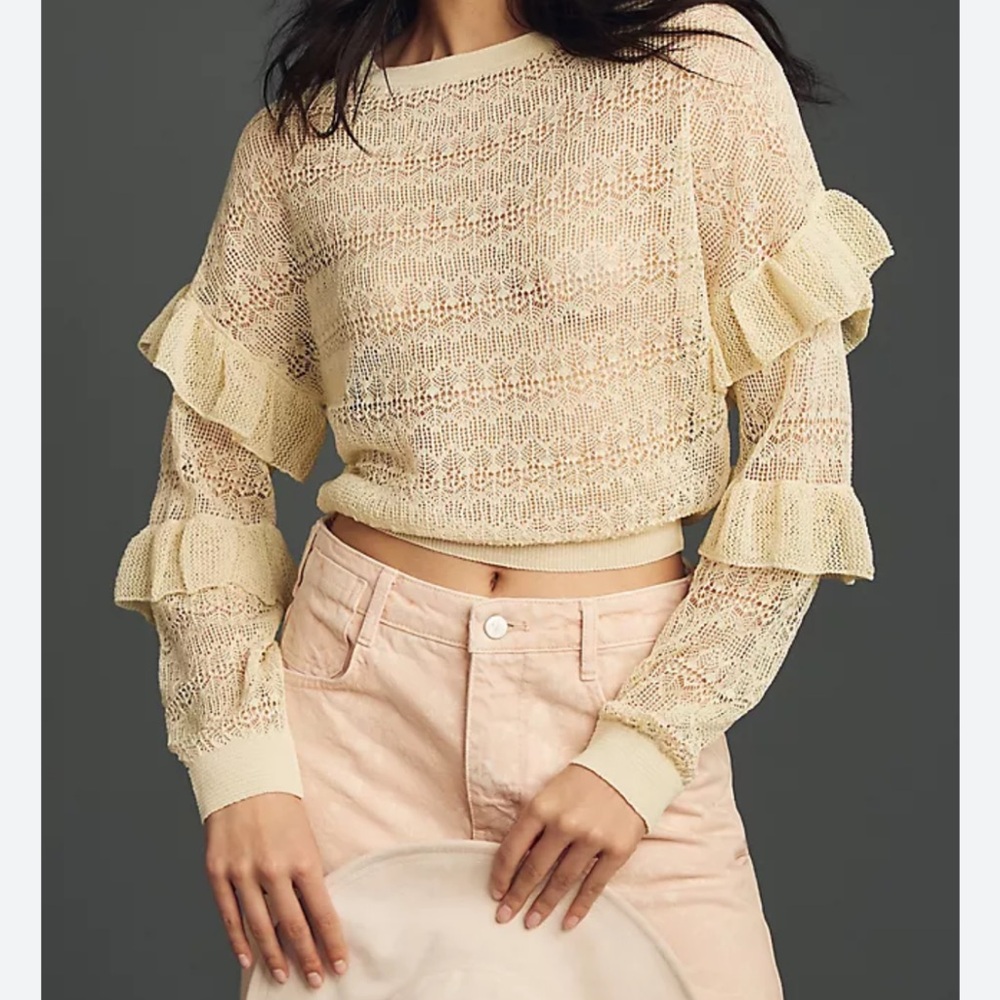 NWT By Anthropologie Sheer Open-Stitch Ruffle
Pullover Sweater